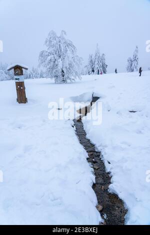 Winter im Sauerland Bezirk, am Kahler Asten Berg, Quelle der Lenne, bei Winterberg, wenige Touristen, Besucher, während der Corona Absperrung in Stockfoto