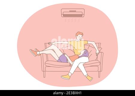 Dating, Paar in Beziehung, Zweisamkeit Konzept. Glücklich junge liebevolle Paar Cartoon-Figuren zusammen auf dem Sofa entspannen und das Gefühl der Liebe zu jedem Stock Vektor