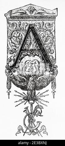 Design des 19. Jahrhunderts, Anfangsbuchstabe A. Alte gravierte Illustration des 19. Jahrhunderts, El Mundo Ilustrado 1880 Stockfoto