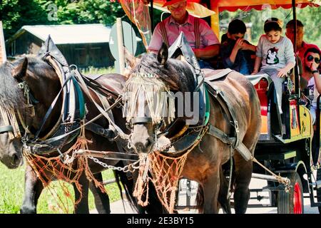 Garmisch-Partenkirchen, Gemany, 9. August 2019: Kutschfahrt mit Touristen wird von zwei Pferden zum Ausflugsort in den Bayerischen Alpen gezogen Stockfoto