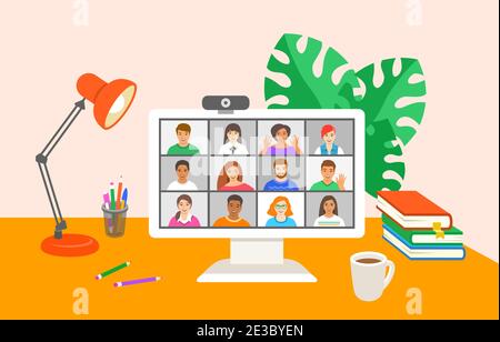 Freunde Online-Videokonferenz per Computer. Junge Menschen chatten virtuell miteinander in Videoanruf-App. Flache Cartoon-Illustration. Arbeiten Sie zu Hause und Stock Vektor