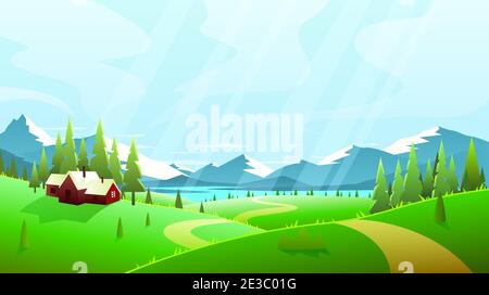 Sommerlandschaft, Haus in den Feldern. Natur Hintergrund. Vektorgrafik Stock Vektor