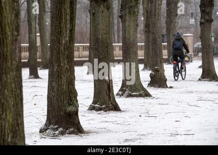 Berlin, Deutschland. Januar 2021. Eine Frau fährt mit dem Fahrrad auf einem verschneiten Weg im Berliner Tiergarten. Quelle: Bernd von Jutrczenka/dpa/Alamy Live News Stockfoto