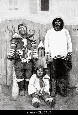 Eskimo Familie in traditioneller Kleidung, Neufundland und Labrador, Nordkanada. Von La Ilustracion Española y Americana 1895 Stockfoto