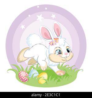 Süßes weißes Häschen, das auf Frühlingsgras mit Ostereiern läuft. Bunte Illustration isoliert auf weißem Hintergrund. Cartoon Charakter Kaninchen ostern Konzept Stock Vektor