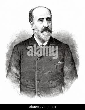 Porträt von Manuel de Eguilior y Llaguno (Limpias 1842 - Madrid 1931) Rechtsanwalt, spanischer Politiker, Finanzminister während der Regentschaft von María Cristina de Habsburgo-Lorena und unter der Herrschaft von Alfonso XIII, Minister für öffentliche Unterricht und schöne Künste, Spanien. Alte XIX Jahrhundert gravierte Illustration von La Ilustracion Española y Americana 1890 Stockfoto