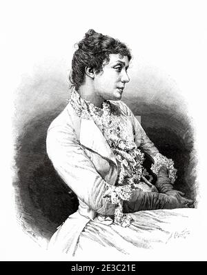 Porträt von Eleonora Duse. Eleonora Julia Amalia Duse (Vigevano 1858 - Pittsburgh 1924) Italienische Theaterschauspielerin des späten 19. Und frühen 20. Jahrhunderts, Italien. Alte XIX Jahrhundert gravierte Illustration von La Ilustracion Española y Americana 1890 Stockfoto