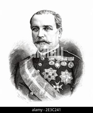 Porträt von Manuel Cassola Fernández (Hellín 1837 - Madrid 1890) Spanischer Militärmann und Politiker, Spanien. Alte XIX Jahrhundert gravierte Illustration von La Ilustracion Española y Americana 1890 Stockfoto