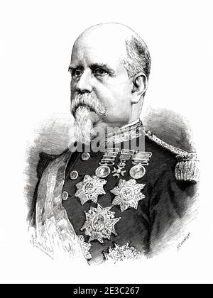 Porträt von Marcelo de Azcárraga Palmero (Manila 1832 - Madrid 1915) Spanischer Militärangehörige und Politiker, Präsident des Ministerrats während der Regierungszeit von Alfonso XIII Minister der Marine und Kriegsminister, Spanien. Alte XIX Jahrhundert gravierte Illustration von La Ilustracion Española y Americana 1890 Stockfoto