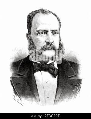 Porträt von José Martín Barrundia y Flores (Guatemala-Stadt 1845 - Puerto de San José 1890) Militär- und Liberalpolitiker aus Guatemala, Kriegsminister, Guatemala. Alte XIX Jahrhundert gravierte Illustration von La Ilustracion Española y Americana 1890 Stockfoto