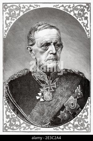 Porträt von Helmuth Karl Bernhard Graf von Moltke (1800 - 1891) Deutscher Feldmarschall, Chef des preußischen Generalstabs, bekannt als Moltke der Ältere, Deutschland. Alte XIX Jahrhundert gravierte Illustration von La Ilustracion Española y Americana 1890 Stockfoto