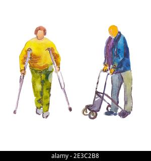 Handgezeichnete Aquarellillustration. Behinderte und ältere Menschen. Menschen mit Behinderungen auf Krücken und Rollstuhl. Stockfoto