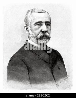 Porträt von Faustino Rodríguez-San Pedro Díaz-Argüelles (Gijón 1833 - 1925) Spanischer Rechtsanwalt und Politiker, Minister für Finanzen, Staat, öffentliche Instruktion und Bildende Kunst während der Regierungszeit von Alfonso XIII. Bürgermeister von Madrid, Spanien. Alte XIX Jahrhundert gravierte Illustration von La Ilustracion Española y Americana 1890 Stockfoto