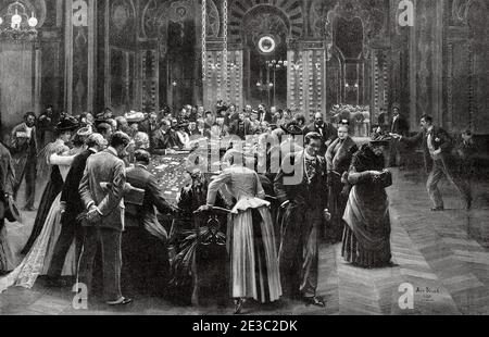 Rien ne va plus. Roulette spielen in der Spielhalle des Casinos Monte Carlo, Monaco, 1890. Alte XIX Jahrhundert gravierte Illustration von La Ilustracion Española y Americana 1890 Stockfoto