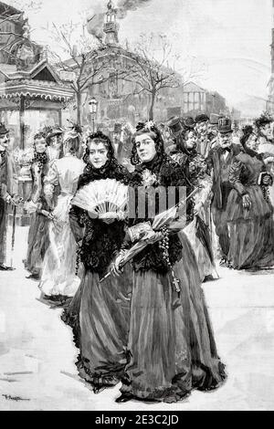 Typische Madrider Figuren aus dem 19. Jahrhundert besuchen Los Sagrarios, Madrid. Spanien, Europa. Alte XIX Jahrhundert gravierte Illustration von La Ilustracion Española y Americana 1894 Stockfoto