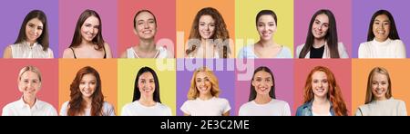 Portraits von multirassischen Frauen in einer Reihe über bunte Hintergründe Stockfoto