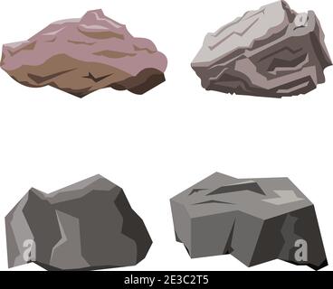 Rock Stone Cartoon Vektor in isometrischen 3d flache Vielfalt Stil. Set aus verschiedenen Felsbrocken und Farbnuancen. Cartoon Requisiten Landschaftsdekor. Stock Vektor