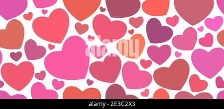 Nahtloser weißer Hintergrund mit roten bunten Herzen. Liebe Symbol Ornament minimalistisch symmetrisch romantische Komposition. Postkarte. Stockfoto