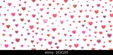 Nahtloser weißer Hintergrund mit roten bunten Herzen. Liebe Symbol Ornament minimalistisch symmetrisch romantische Komposition. Postkarte. Stockfoto