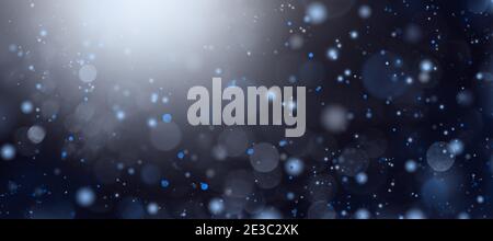 Defokussed weiße Lichter auf einem blauen Hintergrund. Abstrakter Bokeh-Hintergrund. Stockfoto