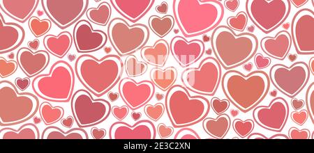 Nahtloser weißer Hintergrund mit roten bunten Herzen. Liebe Symbol Ornament minimalistisch symmetrisch romantische Komposition. Postkarte. Stockfoto