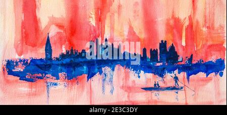 Rote und blaue abstrakte Malerei der Skyline von Cambridge mit Punt und Colleges in Silhouette. Original Leinwand auf Arches Aquarellpapier Stockfoto