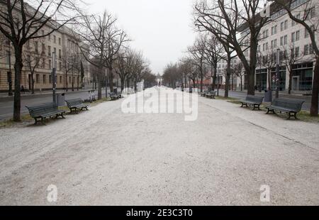 Berlin, Deutschland. Januar 2021. Fast menschenleer zu Beginn der Woche ist die Straße unter den Linden mit dem Brandenburger Tor. Deutschland wird wahrscheinlich mit einer Ausweitung und Intensivierung der Corona-Sperre konfrontiert. Quelle: Wolfgang Kumm/dpa/Alamy Live News Stockfoto