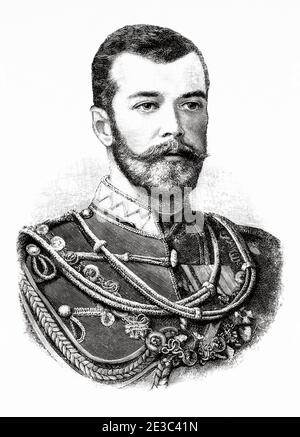 Porträt des Zaren Nikolaus II. Von Russland. Nikolai II. Alexandrowitsch Romanow (1868-1918) der letzte Kaiser ganz Russlands, der vom 1. November 1894 bis zum 15. März 1917 regierte. Alte XIX Jahrhundert gravierte Illustration von La Ilustracion Española y Americana 1894 Stockfoto