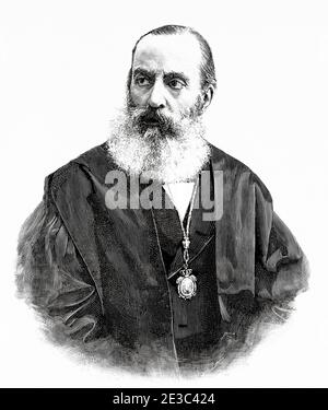 Porträt von José de Letamendi y Manjarrés (Barcelona 1828 - Madrid 1897) war ein spanischer Arzt, Philosoph, Schriftsteller und Akademiker des 19. Jahrhunderts. Spanien. Alte XIX Jahrhundert gravierte Illustration von La Ilustracion Española y Americana 1894 Stockfoto