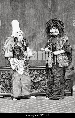 Charaktere, Bräuche und Traditionen der Japaner, Schauspieler während einer Theateraufführung. Japan. Alte XIX Jahrhundert gravierte Illustration von La Ilustracion Española y Americana 1894 Stockfoto