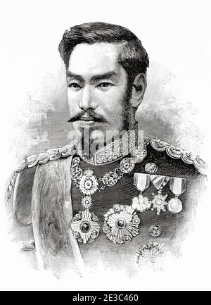 Porträt des japanischen Kaisers Meiji (1852-1912) Kaiser von Japan von 1867 bis 1912. Japan. Alte XIX Jahrhundert gravierte Illustration von La Ilustracion Española y Americana 1894 Stockfoto