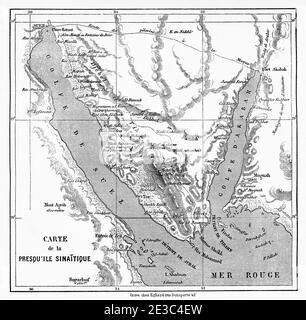 Alte Karte der Sinai Halbinsel, Ägypten. Altes XIX Jahrhundert gestochen von Reisen in Sinai Le Tour du Monde 1864 Stockfoto