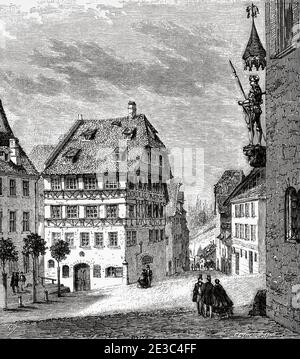 Albert Dürers Haus mit der Statue von Martin Koetzel, Nürnberg, Bayern. Deutschland. Alte XIX Jahrhundert gravierte Zeichnung von Reise nach Nürnberg Le Tour du Monde 1864 Stockfoto