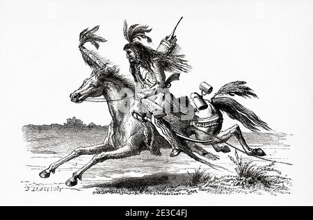 Native Sioux Indian Riding Horse, Nebraska, USA. Altes XIX Jahrhundert graviert von Trip to Nebraska Le Tour du Monde 1864 Stockfoto