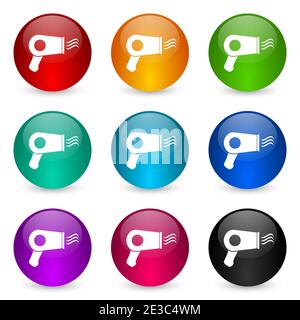 Haartrockner, Schönheitssalon Icon Set, bunte glänzende 3d Rendering Ball Tasten in 9 Farboptionen für webdesign und mobile Anwendungen Stockfoto