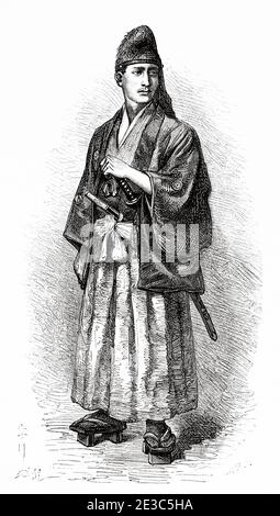 Porträt von Eugene Collache in Samurai-Kleidung, Japan. Alte Illustration aus dem 19. Jahrhundert Reise nach Japan von Eugene Collache aus El Mundo en La Mano 1879 Stockfoto