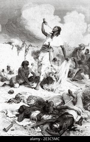 Der Selbstmord von Theodore II., Magdala, Äthiopien. Eingraviert aus dem 19. Jahrhundert, Erzählung einer Reise durch Abessinien von Guillaume Lejean aus El Mundo en La Mano 1879 Stockfoto