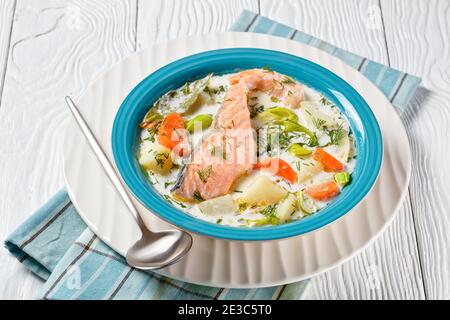 Portion Lachsfischsuppe mit Sahne, Kartoffeln, Karotten, Lauch und Dill in einer blauen Schüssel auf einem weißen Holztisch, finnische Küche, klassisches Gericht, Horizont Stockfoto