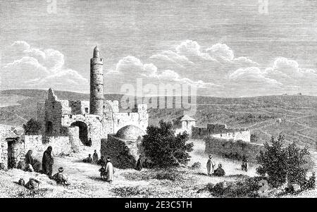 Der Turm von David, alte Zitadelle in der Nähe der Jaffa Tor Eingang zur Altstadt von Jerusalem, Palästina, Israel. Alte Illustration aus dem 19. Jahrhundert Reise nach Jerusalem von Alphonse de Lamartine aus El Mundo und La Mano 1879 Stockfoto