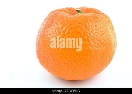 Orange Mandarin (Clementine). Obst. Mandarine ganz mit einem kleinen Stamm. Auf weißem Hintergrund getrennt. Stockfoto
