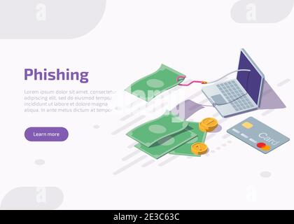 Isometrische Zielseite oder Webbanner für Phishing. Angelhaken Fangen Sie Geldrechnung vom Laptop-Bildschirm. Betrüger Diebstahl persönlicher Daten im Internet für Hacking-Konto. Cyber-Kriminalität, 3d-Vektor flache Illustration. Stock Vektor