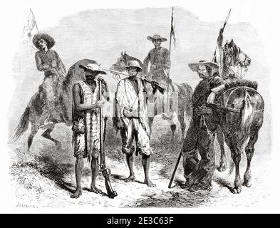 Soldaten aus Cauca, Kolumbien. Alte eingravierte Illustration des 19. Jahrhunderts. Reise nach New Granada mit Charles Saffray von El Mundo en La Mano 1879 Stockfoto