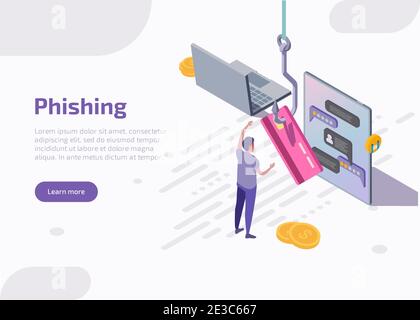 Isometrische Zielseite oder Webbanner für Phishing. Angelhaken fangen Kreditkarte. Betrüger Diebstahl persönlicher Daten im Internet für Hacking-Konto oder persönliche Informationen. Cyber-Kriminalität, 3d-Vektor-Illustration. Stock Vektor