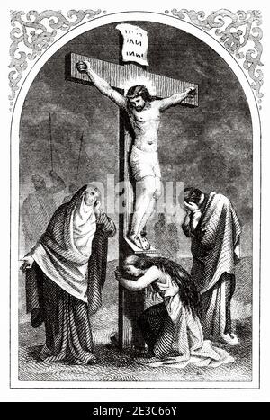 Kreuzigung und Tod von Jesus Christus am Kreuz. Alte XIX Jahrhundert Gravur Illustration. Alter 1852 Epithalamion. Sammlung von Übungen Gebete und Handwerk Stockfoto