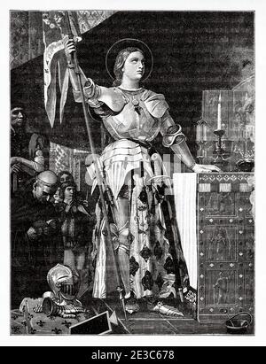 Porträt der Jeanne d'Arc bei der Krönung Karls VII. In der Kathedrale von Reims. Jeanne d'Arc (1412-1431) hat den Spitznamen die Jungfrau von Orleans. La Pucelle d’Orléans. Heldin von Frankreich für ihre Rolle während der Lancaster Phase des Hundertjährigen Krieges, und wurde als katholische heilige heilig gesprochen. Verbrannt auf dem Scheiterhaufen am 30. Mai 143. Symbol der Katholischen Liga. Nationales Symbol von Frankreich durch Beschluss von Napoleon Bonaparte.Seliggesprochen im Jahr 1909 und heilig gesprochen im Jahr 1920. Frankreich. Les Français Illustres von Gustave Demoulin 1897 Stockfoto