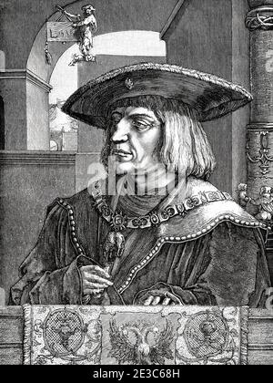 Porträt Maximilians I. (1459-1519) war von 1508 bis zu seinem Tod Kaiser des Heiligen Römischen Reiches. Ehemann von Maria von Burgund. Frankreich. Alte XIX Jahrhundert Gravur Illustration. Les Français Illustres von Gustave Demoulin 1897 Stockfoto