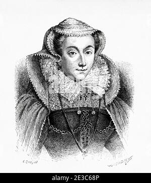 Porträt von Mary I. Mary Stuart (1542-1587) Königin von Schottland. Königin Gemahlin von Frankreich, heiratete Henry Stuart. Frankreich. Alte XIX Jahrhundert Gravur Illustration. Les Français Illustres von Gustave Demoulin 1897 Stockfoto