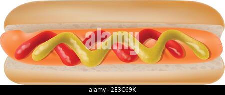 Hot Dog mit Ketchup und Senf isoliert auf weißem Hintergrund. Fotorealistische Vektordarstellung. Stock Vektor