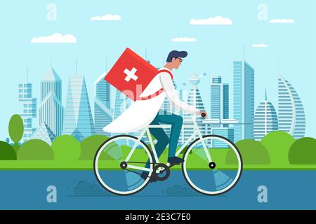 Lieferung von Medikamenten in die Apotheke. Männlicher Arzt, der Fahrrad mit medizinischer Sanitäranlage erste Hilfe auf der Stadtparkstraße fährt. Therapeut Apotheker Notfall auf Zyklus Vektor flach eps Illustration Stock Vektor