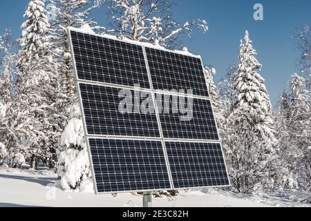 Sonnenkollektoren mit verschneiten Wald am klaren Wintertag Stockfoto